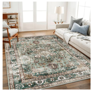Z ** SOLD ** CHAMPLANT Green Area Rug 10'x14' Washable Vintage Traditional Mat Distressed Indoor Foldable