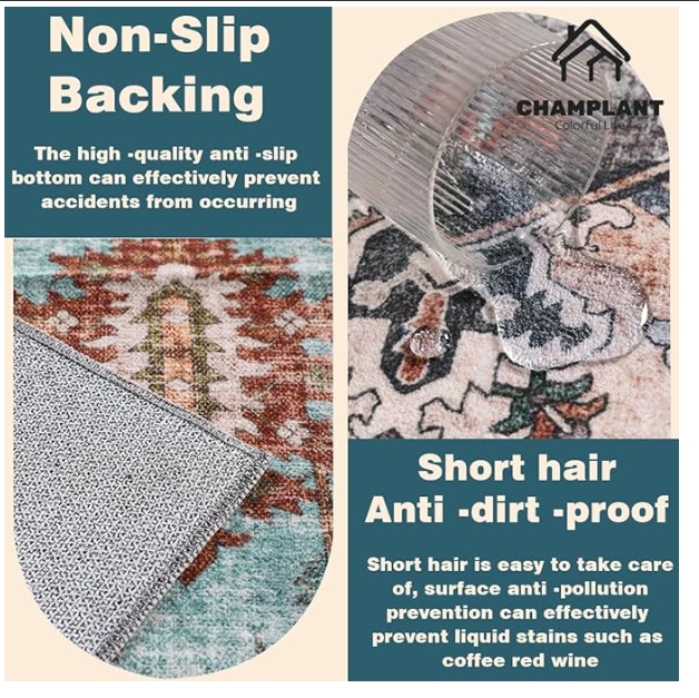 Z ** SOLD ** CHAMPLANT Green Area Rug 10'x14' Washable Vintage Traditional Mat Distressed Indoor Foldable - Image 2