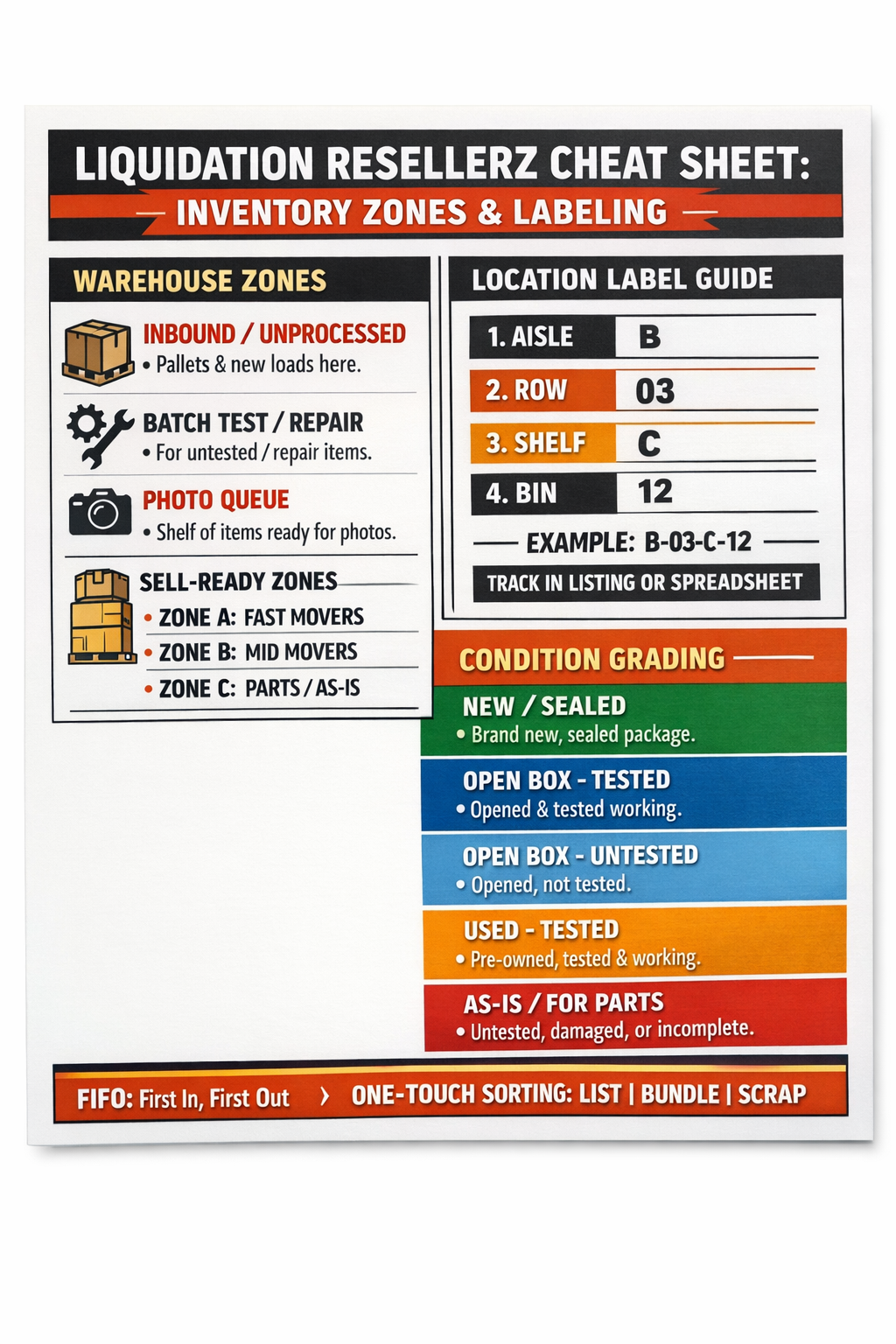 Organizing inventory for liquidation cheat sheet. 