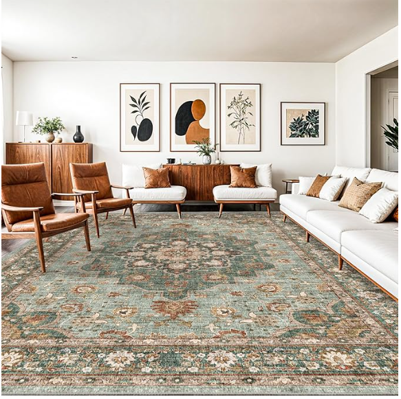 Z **SOLD** Washable Oriental Area Rug - 10x14 Rugs for Living Room Soft Carpet Waterproof Floral Distressed Indoor Stain Resistant Non-Shedding - Image 3