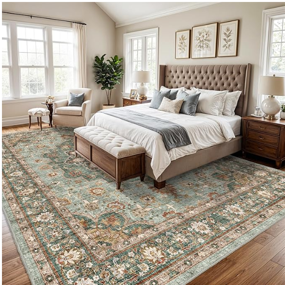 Z **SOLD** Washable Oriental Area Rug - 10x14 Rugs for Living Room Soft Carpet Waterproof Floral Distressed Indoor Stain Resistant Non-Shedding