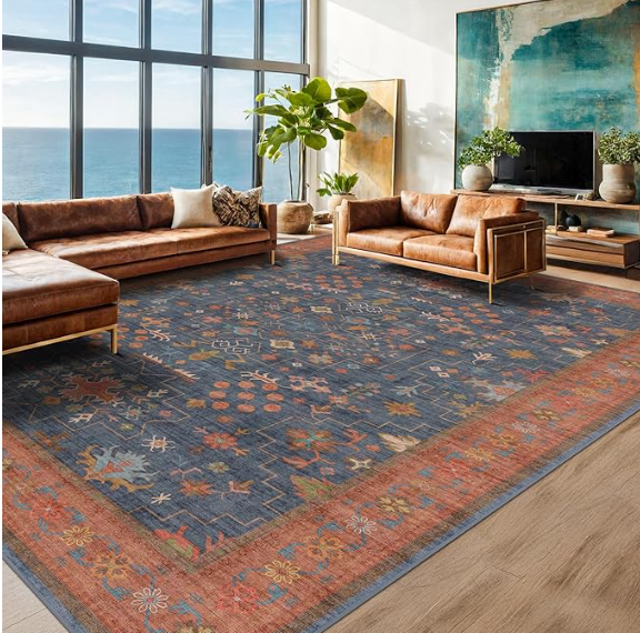 Z **SOLD** Navy Blue Area Rugs 9x12, Washable Low Pile Non-Slip Rug, Vintage Boho