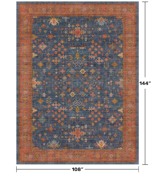 Z **SOLD** Navy Blue Area Rugs 9x12, Washable Low Pile Non-Slip Rug, Vintage Boho - Image 2