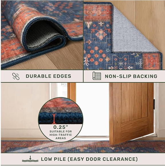 Z **SOLD** Navy Blue Area Rugs 9x12, Washable Low Pile Non-Slip Rug, Vintage Boho - Image 4