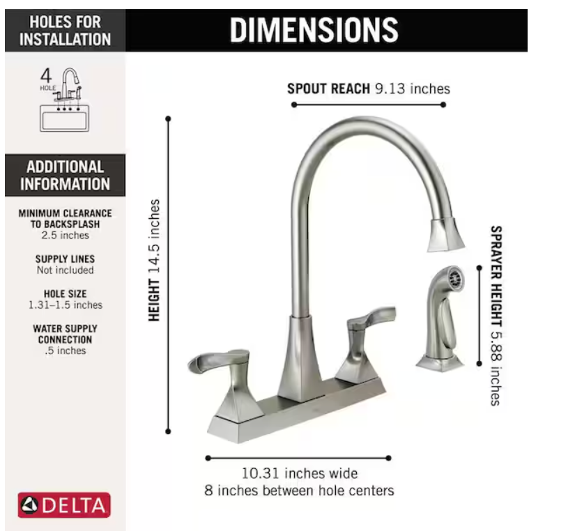 Z **SOLD** Delta Everly 2-Handle Standard Kitchen Faucet with Spray in Stainless - Image 2