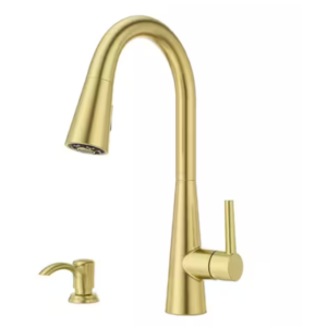 Z **SOLD** Pfister Barulli Single Handle Pull Down Sprayer Kitchen Faucet with Deckplate Included and Soap Dispenser in Brushed Gold
