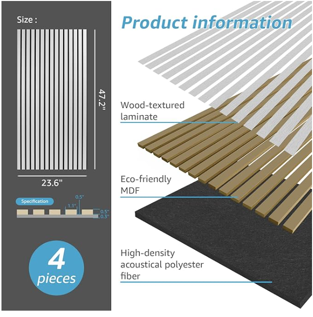 Z**SOLD** Art3d 4 Wood Slat Acoustic Panels for Wall and Ceiling - 3D Fluted Sound Absorbing Panel with Wood Finish - Brushed Silver - Image 5
