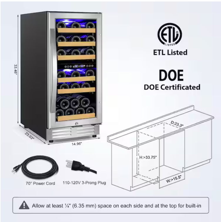 Z **SOLD** TITTLA 15" Dual Zone 30-Bottle Cellar Cooling Unit Built- in Freestanding Compressor Wine Cooler with 2 handles-Stainless Steel - Image 3
