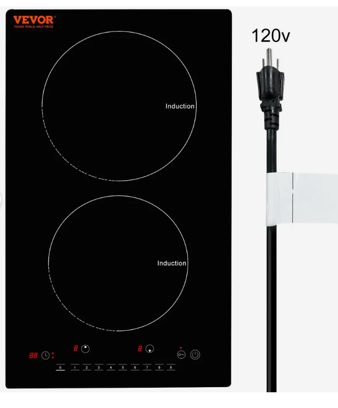 VEVOR Electric Cooktop, 2 Burners, 12'' Induction Stove Top, Built-in Magnetic Cooktop 1800W, 9 Heating Level