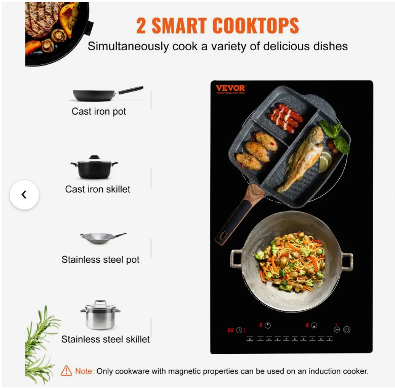 VEVOR Electric Cooktop, 2 Burners, 12'' Induction Stove Top, Built-in Magnetic Cooktop 1800W, 9 Heating Level - Image 5
