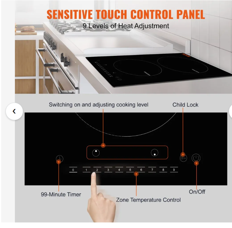 VEVOR Electric Cooktop, 2 Burners, 12'' Induction Stove Top, Built-in Magnetic Cooktop 1800W, 9 Heating Level - Image 3