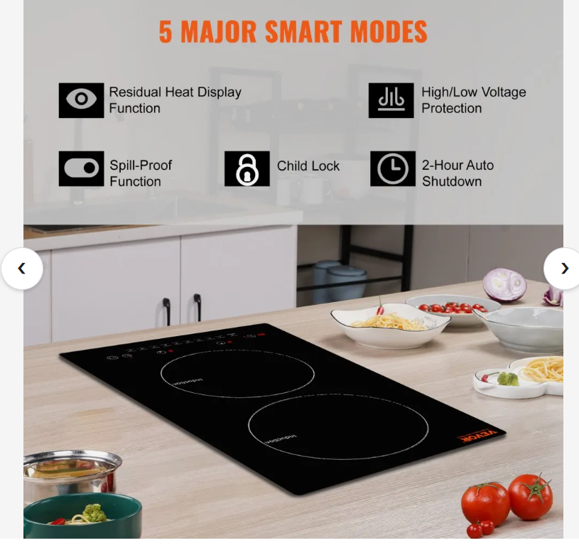 VEVOR Electric Cooktop, 2 Burners, 12'' Induction Stove Top, Built-in Magnetic Cooktop 1800W, 9 Heating Level - Image 2