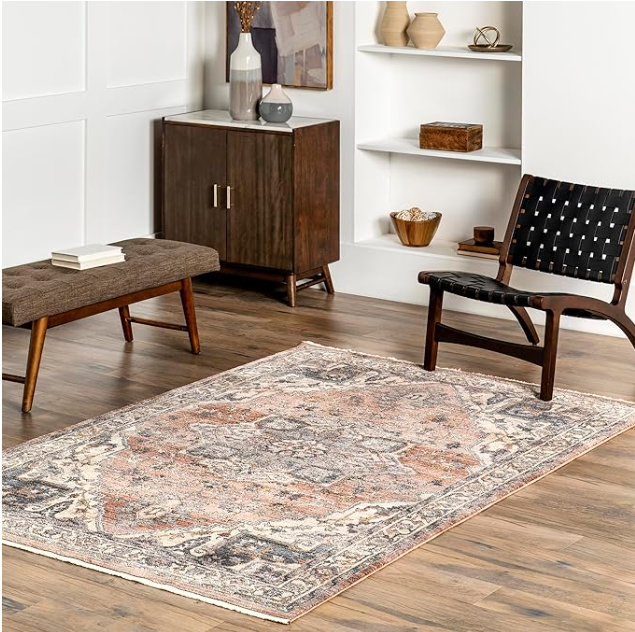 nuLOOM Fringed Performance Kelsee Rust/Ivory, 6' Square, Faded Oriental, Soft and Cozy