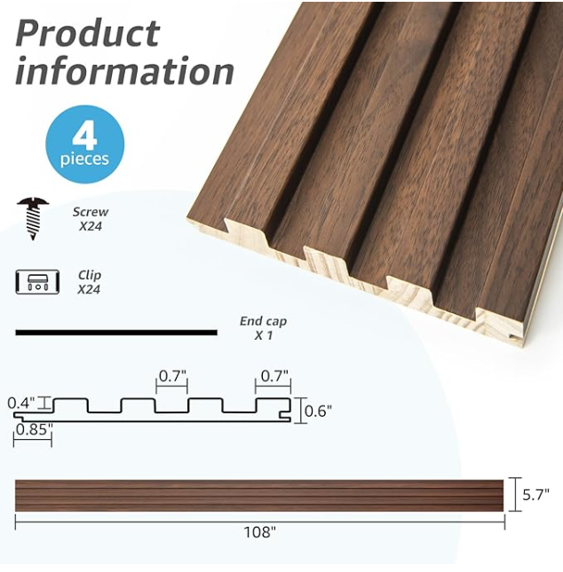 Z **SOLD** Art3d Slat Wood Wall Paneling - Pack of 4pcs + 1pc End-Trim, Size 108 x 5.7in.- Walnut - Image 2