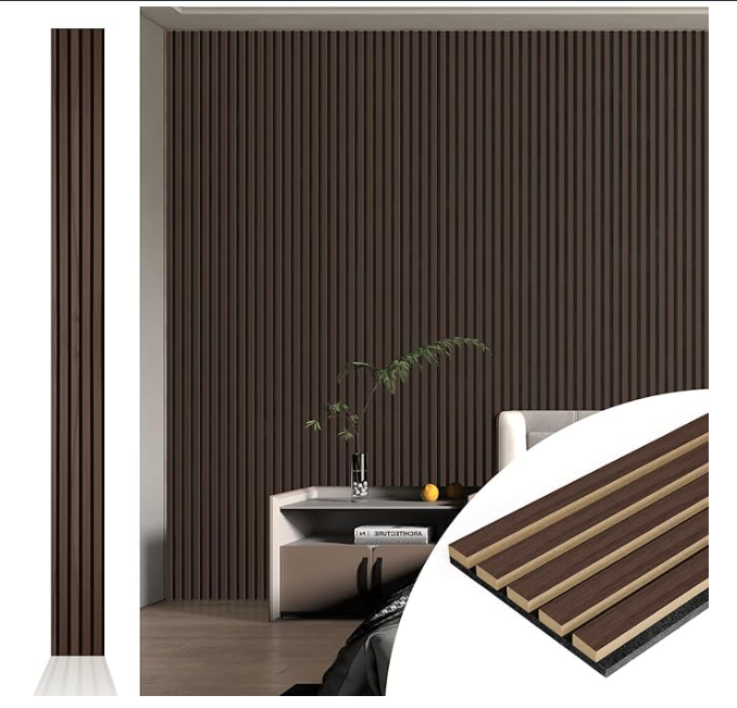 Z **SOLD** Art3d 4pcs-107 x 8in Slat Acoustic Panel for Wall and Ceiling, 3D Fluted Sound Absorbing Panel with Wood Finish, Dark Walnut