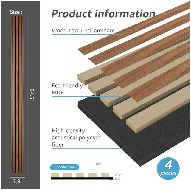 Z **SOLD** Art3d 4-Piece Wood Slat Acoustic Panels for Stylish Decor and Noise Reduction, 3D Textured Panel - Image 3