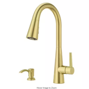 Pfister Barulli Single Handle Pull Down Sprayer Kitchen Faucet with Deckplate Included and Soap Dispenser in Brushed Gold