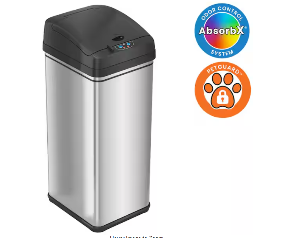 iTouchless 13 Gal. / 49 Liter Stainless Steel Household Metal Trash Can with Sensor Lid, Odor Filter and Pet-Proof Lid Lock