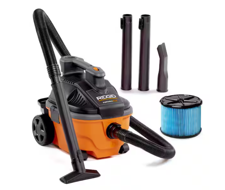 RIDGID 4 Gal. 5.0 Peak HP Portable Shop Vacuum Wet Dry Vac with Fine Dust Filter, Locking Hose and Attachments WD4070